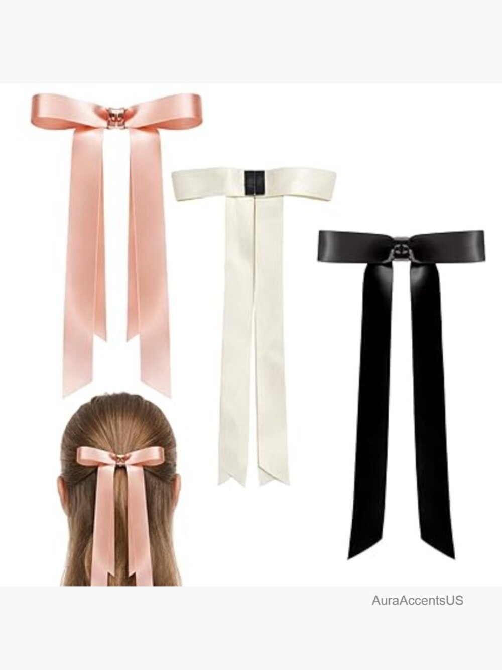 Magnetic Hair Bow Clips, Strong Hold Satin Bows Set of 3, Office Workout Styling